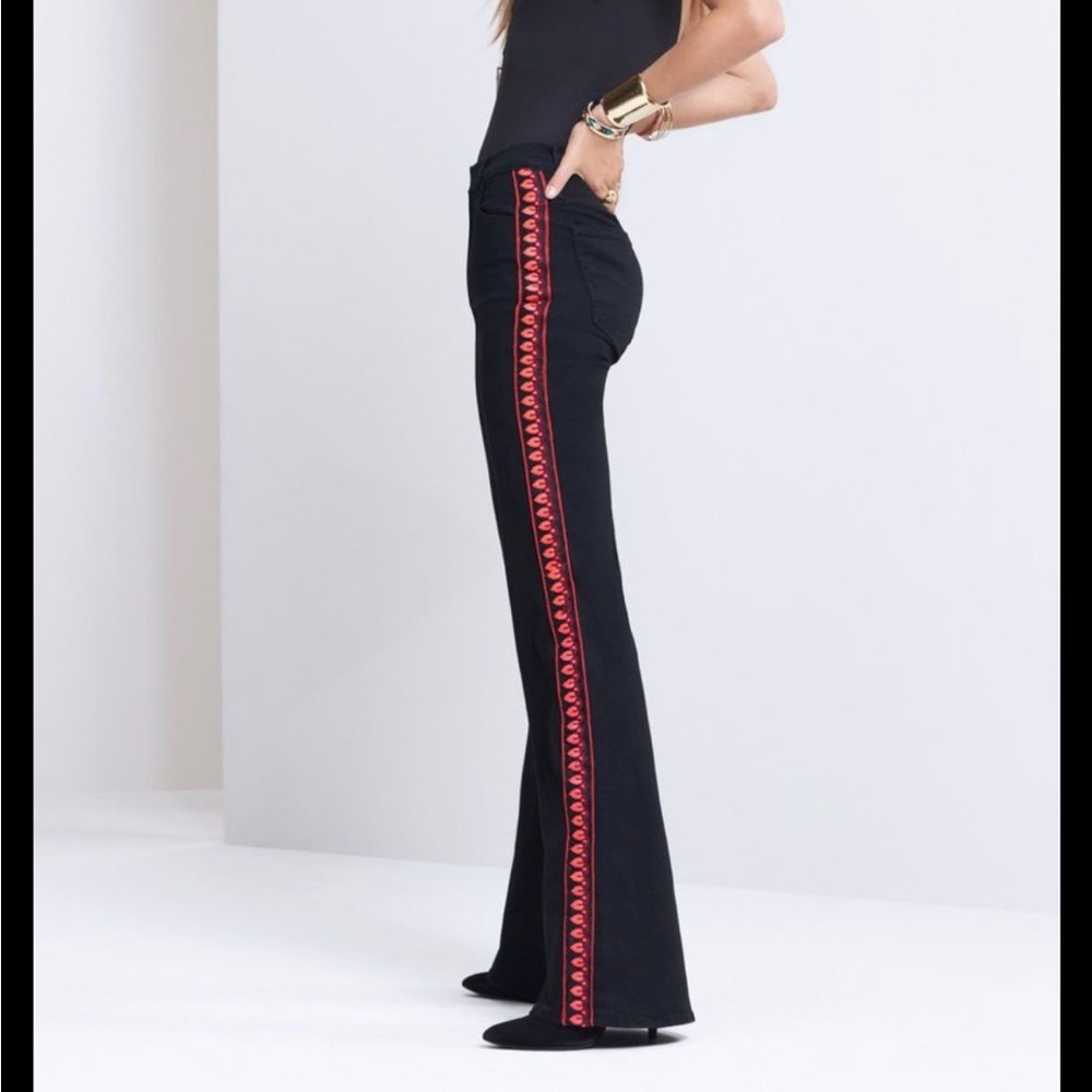MOTHER Black Flare Pants “up in flames” style | A distinctive red embroidered 28